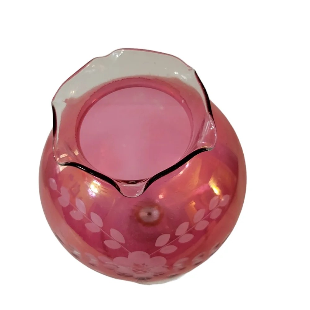 Vintage Cranberry Glass Etched Vase